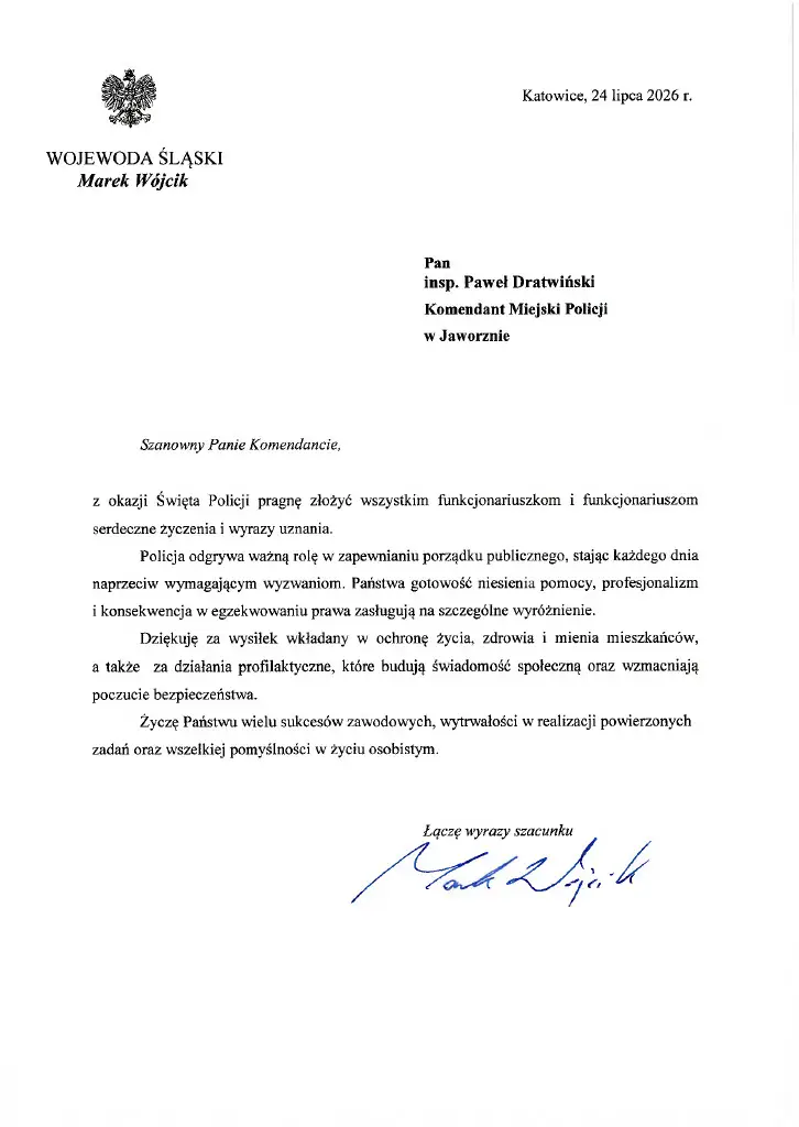 Listy gratulacyjne dla policjantów w Jaworznie z okazji Święta Policji