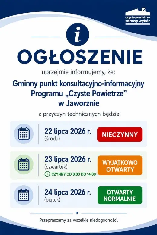 Godziny otwarcia Gminnego Punktu Konsultacyjno-Informacyjnego „Czyste Powietrze” w Jaworznie