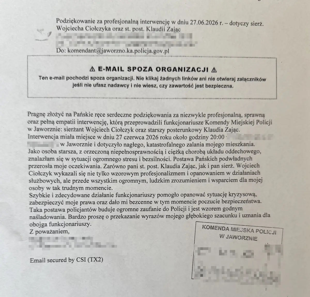 Mieszkańcy doceniają pracę jaworznickich policjantów
